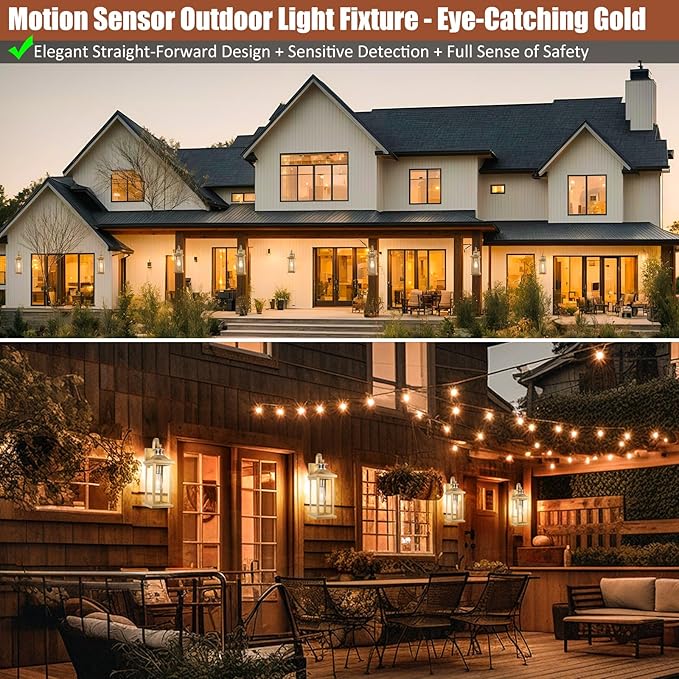 2-Pack Gold Dusk to Dawn Motion Sensor Lights 18 Inch Large Outdoor Light Fixtures IP65 Waterproof Anti-Rust Brass Outside Lights for House Photocell Modern Exterior Lanterns Wall Mounted