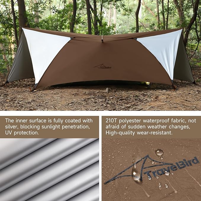 Ultralight Tarp 14ft Hammock Rain Fly Lightweight Waterproof Camping Tent Tarp with Doors Bushcraft Tarp Shelter for Backpacking Hiking Camping