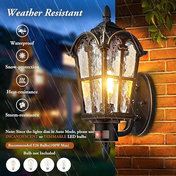 2-Pack Motion Sensor Outdoor Wall Lights Dusk to Dawn Porch Lights Wall Mount Exterior Light Fixtures Sconces Lighting Black with Gold Trim Wall Lanterns Outside Lights for House Garage Front Door
