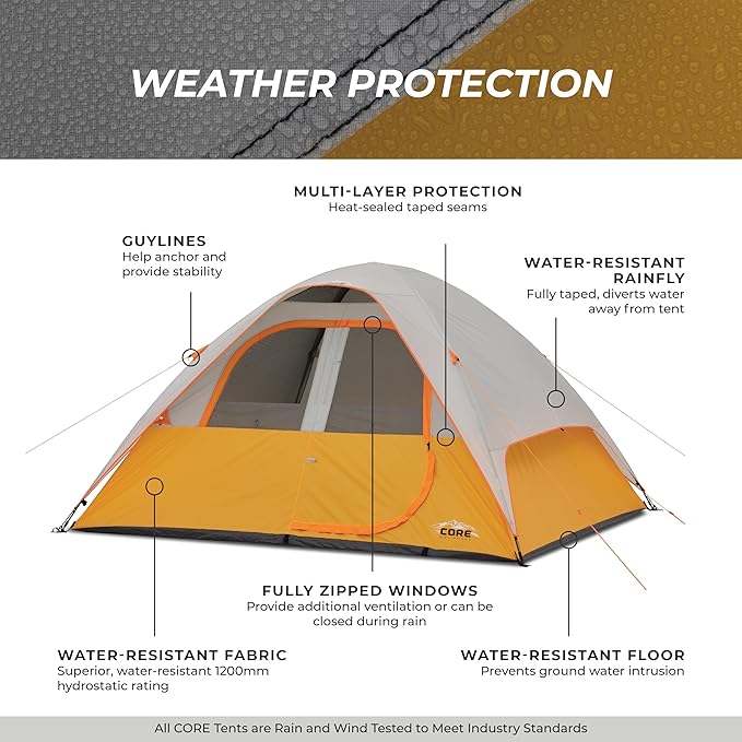 CORE Tent for Family Camping Hiking and Backpacking | 3 Person / 4 Person / 6 Person / 9 Person Person Dome Camp Tents with Included Tent Gear Loft for Outdoor Accessories