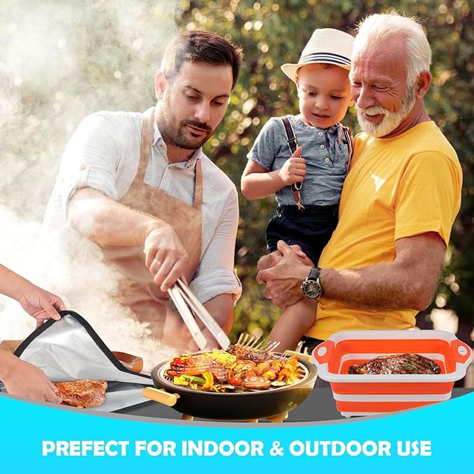 Collapsible BBQ Prep Tub &amp BBQ Resting Bag - Multi-Function Foldable Cutting Board BPA Free Portable Silicone Dish Bowl Leak Free Drain Hole for Meal Prep Marinating Food Storage(Orange)
