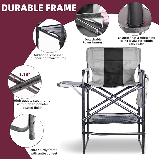 30 Tall Directors Chair with Side Table 400LBS Bar Height Folding Camping Chair for Makeup Artists Outdoor Events Portable Foldable Chair with Cup Holder &amp footrest - Gray/Black