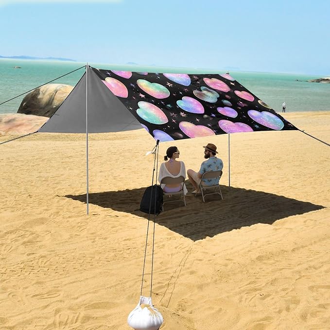 ALAZA Rainbow Heart Bubbles Beach Tent Sun Shelter UPF50+ Protection Beach Shade Canopy w/ 4 Sandbags for Outdoor Camping Fishing Backyard Fun Picnic 10x9 ft