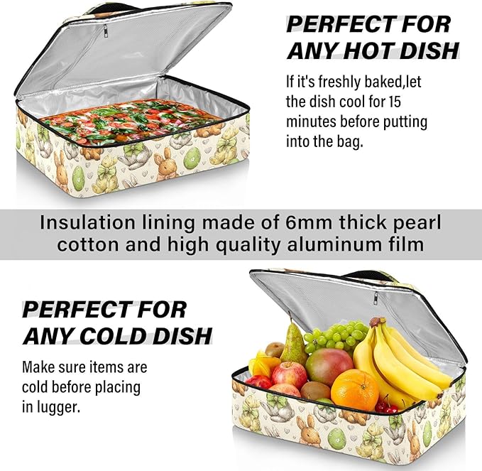 Casserole Carrier Loveliness Bunnies PatternInsulated Casserole Carrier for Hot or Cold Food Thermal Lunch Tote for Potluck Parties Picnic Beach Fits 9 x 13 Inches Baking Dish