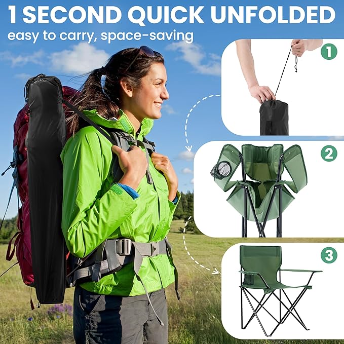 4 Pack Folding Camping Chairs for Adults Foldable Portable Beach Chairs with Carry Bag &amp Cup Holder Compact Design for Camping Beach Picnics and Fishing Supports 300LBS（Green）