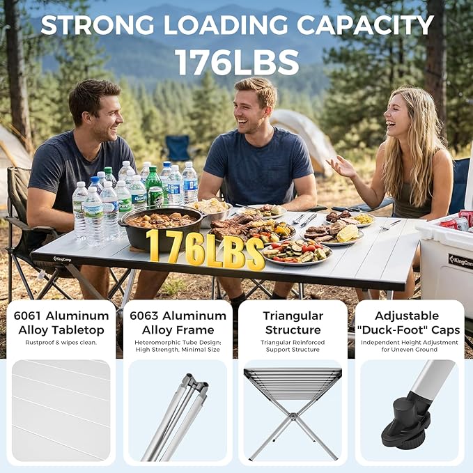 KingCamp Large Folding Camping Table Aluminum Roll Up Table Oversized Camp Table Stable Portable Outdoor Folding Table for Picnic Camping BBQ Backyard Party 57.4''×31.4'' 6-8 PersonSupport 176lbs