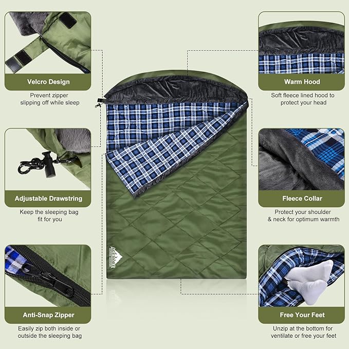 AGEMORE Cotton Flannel Double Sleeping Bag with Fleece Lined Hood Waterproof Queen Size 2 Person Sleeping Bag for Adults Cold Weather Camping Backpacking or Hiking 3-4season