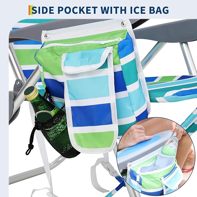 2-Pack Backpack Beach Chairs: Lightweight Foldable 5 Reclining Positions Lay-Flat Design Straps Cooler Pouch Cup Holder &amp Towel bar. Great for Beach &amp Camping