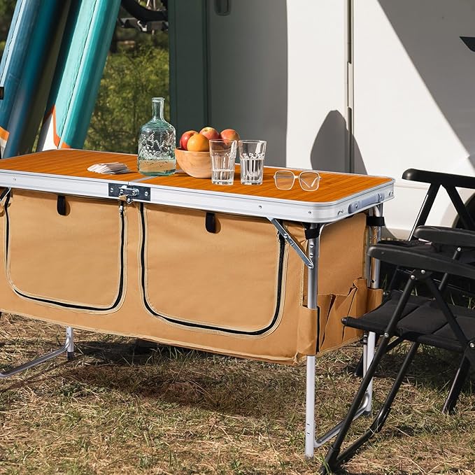 VINGLI 4 Ft Folding Table Aluminum Camping Table Picnic Table with Storage Adjustable Height for Outdoor Beach BBQ Backyards Travel Party (White ＆ Grey)