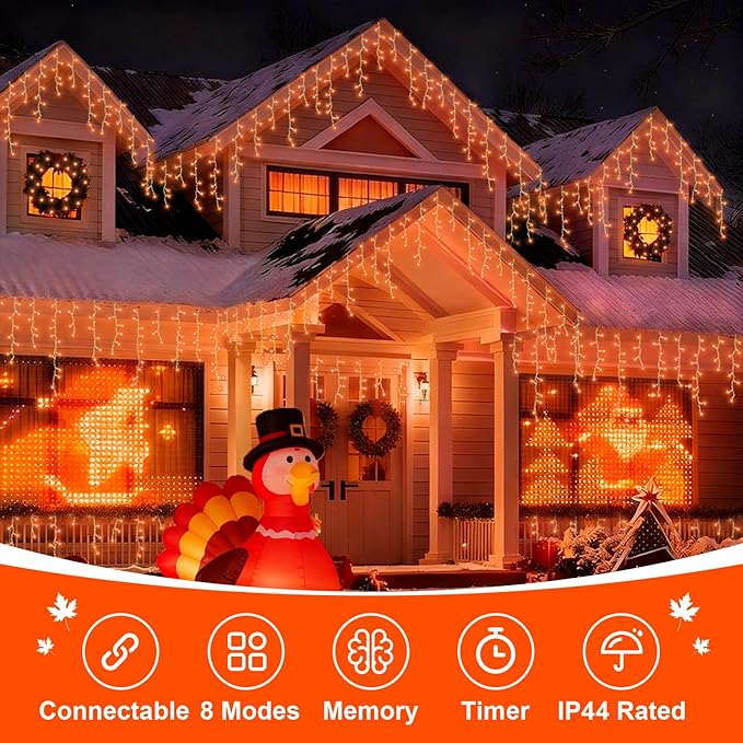 QITONG Orange Icicle Lights for Outside 33ft 400 LED String Light with 8 Modes Clear Wire Connectable Icicle Christmas Lights Indoor Plug in for Halloween Thanksgiving Fall Décor