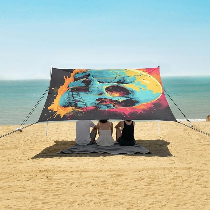 ALAZA Skull Head Art Beach Tent Sun Shelter UPF50+ Protection Beach Shade Canopy w/ 4 Sandbags for Outdoor Camping Fishing Backyard Fun Picnic 10x9 ft