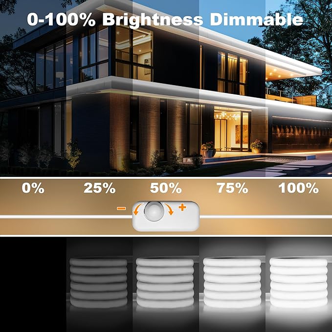 IP67 Waterproof COB LED Strip Lights AC 110V-120V Direct Plug 66FT Super Bright Outdoor Strip Lights with Double Fuse Controller 6500K White LED Strips for Garden Patio Commercial Decor