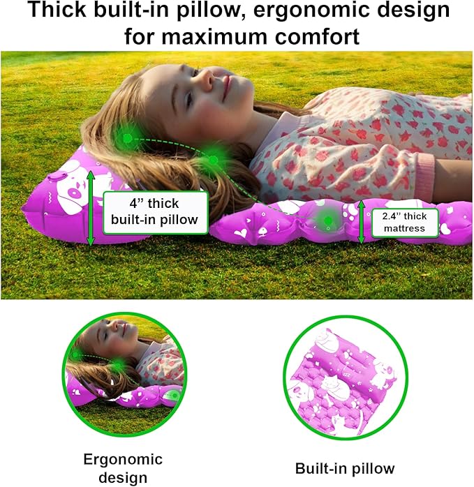 Inflatable Sleeping pad for Kids Toddler and Youth | Air Mattress w Built-in Pump 5’5” Ultralight Sleeping Mat with Pillow for Camping Sleepovers &amp Travel | Airpad Kids Cot Camping Mattress -