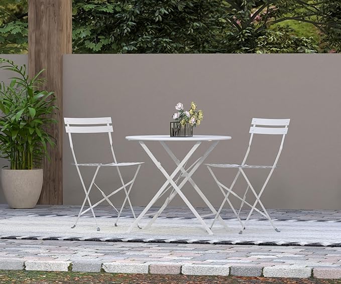 Carolina Chair &amp Table Bistro Set of 2 Foldable Outdoor Chairs - Elegant Powder Coated Metal Seat and Frame Folding Chairs - Modern Style Space Saving Furniture for Patio Balcony or Garden (White