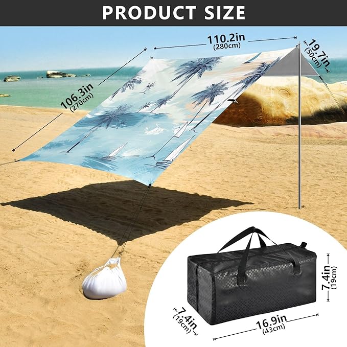 Palm Trees Blue Beach Tent Sun Shelter 9.2' x 10.5' Beach Canopy with 4 Sandbags 4 Stability Poles Sand Shovels - Tent Canopy for Beach Camping Fishing Picnics