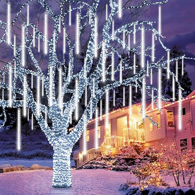 QITONG Meteor Shower Rain Lights Outdoor Falling Rain Snowfall Light 12 inch 8 Tubes 192 LED Cascading Lights for Tree Wedding Party (White)