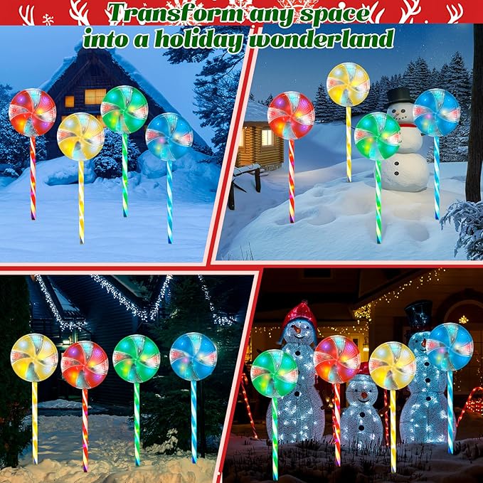 Candy Christmas Decorations Pathway Outdoor Solar Lights 29 inches 80 LED Lighted Lollipop Solar Christmas Lights with 8 Modes Waterproof String Lights Outdoor Lights for Yard Patio Walkway-4PCS