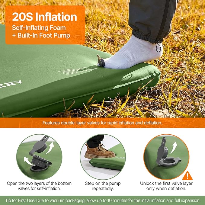 OGERY Self-Inflating Sleeping Pad with Built-in Foot Pump 3 Memory Foam Camping Mattress for Side Sleepers Quiet &amp Insulated Sleeping Mat Camping Essential Gear for Car Tent Camping