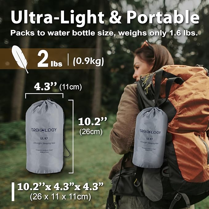 TREKOLOGY UL R7 Camping Sleeping Pad &amp Inflatable Beach Pillow Bundle – Lightweight Compact Waterproof Sleeping Pad with Ergonomic Inflatable Pillow for Camping Hiking Beach and Outdoor Adven
