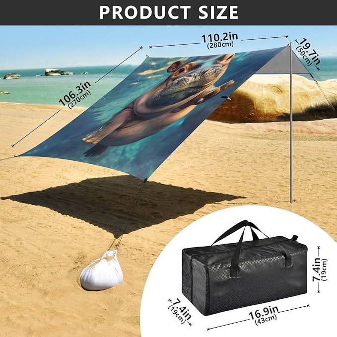 ALAZA Hippo Animal Beach Tent Sun Shelter UPF50+ Protection Beach Shade Canopy w/ 4 Sandbags for Outdoor Camping Fishing Backyard Fun Picnic 10x9 ft