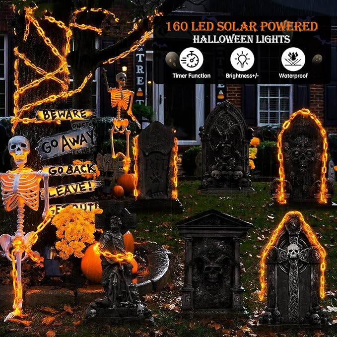 Solar Halloween Chain String Lights Decoration Upgraded 10Ft 160LED Orange Plastic Lights with 8 Lighting Modes for Indoor Outoor Halloween Party Cosplay Haunted House Spooky Decor