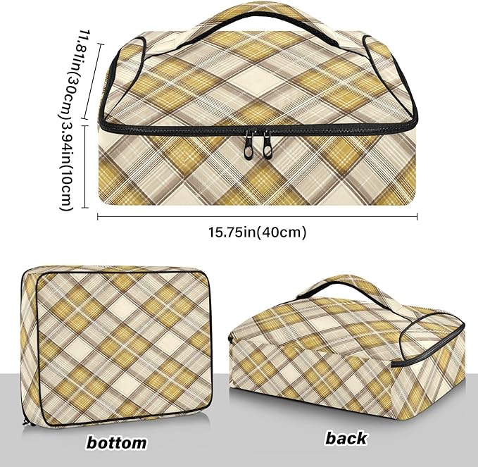 Casserole Carrier Yellow and Brown Tartan Print Pattern Insulated Casserole Carrier for Hot or Cold Food Thermal Lunch Tote for Parties Picnic Travel Carry Bag