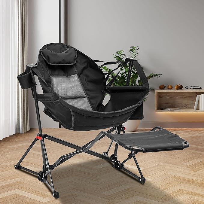 Ainfox Hammock Chair with Footrest Oversized Swinging Portable Folding Camping Chairs for Adults Outside Swinging Camp with Cup Holder Pillow for Outdoor Patio Lawn Black