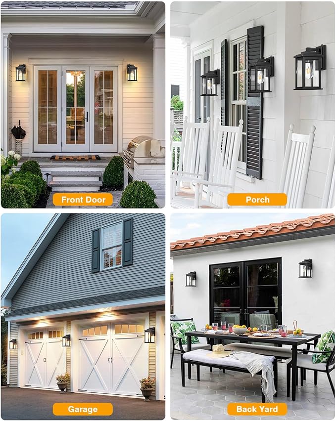 VIANIS Black Dusk to Dawn Outdoor Lights for House 2 Pack Outdoor Wall Lights Waterproof Porch Lights Exterior Lighting Fixtures with Tempered Glass for Porch Garage DoorwayHardwired Non-solar
