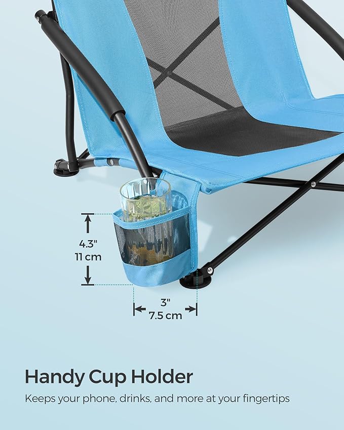 SONGMICS Set of 2 Portable Beach Chairs for Adults Max. Load 330 lb Each High Backrest Cup Holder Lightweight Heavy-Duty Light Blue UGCB067Q01V1