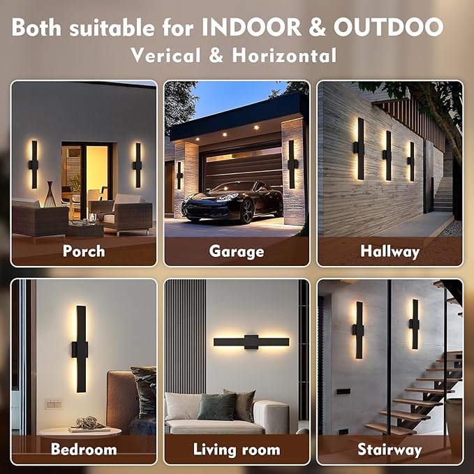 23.6inch Long Outdoor Modern LED Wall Light24W Waterproof IP65 Warm White Led Wall Mount Lighting Fixture Black Outdoor Wall Sconces Outside Lights for House Garage Front Door Patio 2Pack