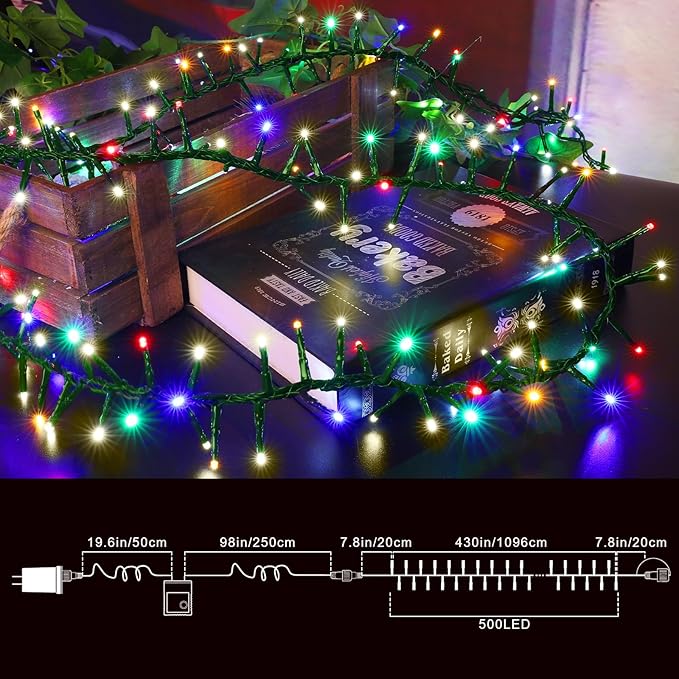 LAMPHOME 500 LED Christmas Outdoor Twinkle String Lights Extendable Holiday DecorationPlug in Lights with 10 Functions and Timer Waterproof for Outdoor Home Party Bedroom-Warm White&ampMulticolour