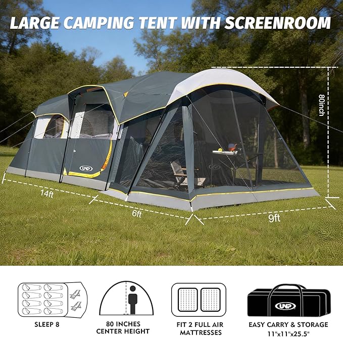 UNP Camping Tent 8 Person Waterproof Big Tunnel Tent with Screen PorchFamily Outdoor Large Tents for Camping 20' x 9' x 80in(H)