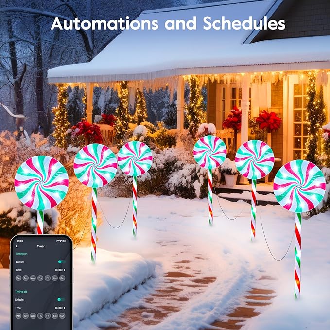 Brightown 6 Pack Smart Lollipop Christmas Pathway Lights Outdoor - 27IN 120 LED Candy Cane Lights with APP Control16 Millions Colors Waterproof Christmas Light Outdoor Decoration for Lawn