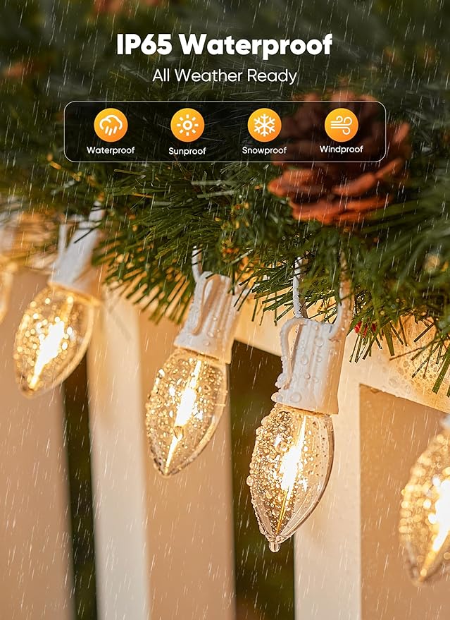 Vintage C9 LED Christmas Lights Outdoor 50Ft C9 String with 50 Shatterproof Colorful Bulbs Waterproof Connectable Christmas Tree Lights for Roofline Holiday Garden Party Xmas Decorations