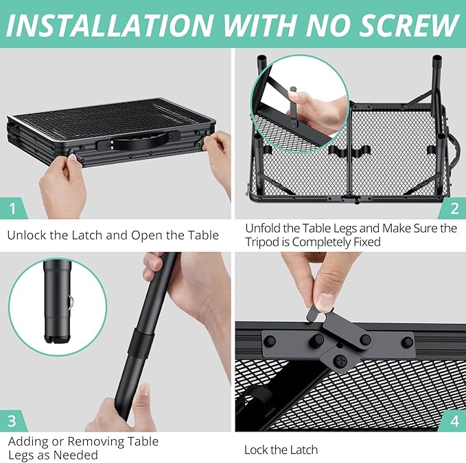 VINTEAM Camping Folding Grill Table | 3 Adjustable Heights | Lightweight Portable Aluminum Table for BBQs Picnic and Outdoor Use | Mesh Desktop 66lbs Weight Capacity