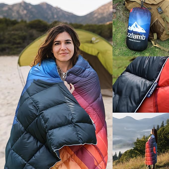 zzlamb Puffy Down Camping Blanket Water-Repellent Down Throw Travel Blanket Portable for Outdoor Light Warm Quilt for Couch Plane Car Theater Stadium Picnic RV Backpacking Hammock