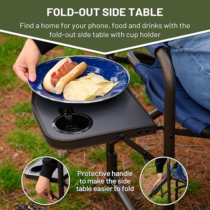 TIMBER RIDGE Folding Camping Chair with Cooler Bag Director Chair Foldable with Side Table for Adults Camp Chairs for Outdoor Lawn Sports Fishing Heavy Duty Supports 300lbs Blue