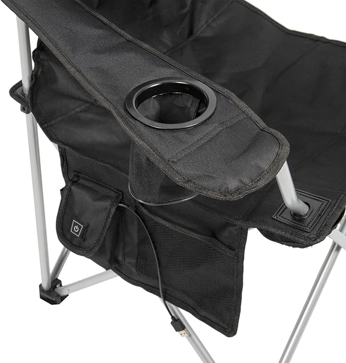 CAMP &amp GO Heated Deluxe Quad Camping Chair Folding Heated Chair with 18 USB Cable Storage Compartment and Cup Holders Black