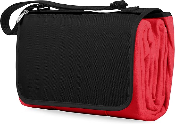 PICNIC TIME Outdoor Picnic Blanket Tote 59x51 Foldable Beach &amp Camping Blanket with Soft Fleece Water-Resistant Bottom Adjustable Strap &amp Zippered Pocket (Red with Black Flap)