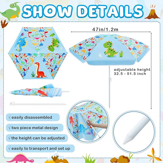 Sweetude Water Table Umbrella (Table Not Included) Kids Seaside Beach Umbrella Picnic Canopy for Summer Toddlers Sand Beach Camping Garden Outdoor Pool Shade Party Supply(Dinosaur Theme)