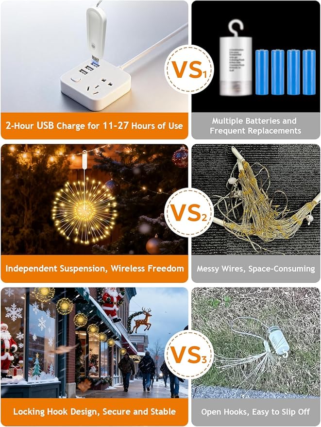 FOOING 8 Pack Firework Lights LED Hanging Christmas Lights 8 Modes USB Rechargeable Battery Operated Fairy Light with Remote Twinkle Star String Lights for Party Christmas Decoration Outdoor Indoor