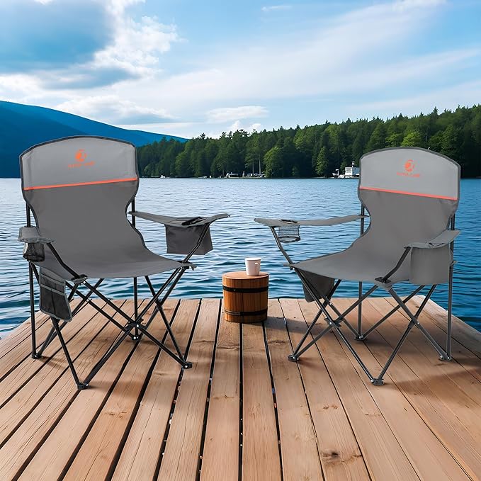 ALPHA CAMP Camping Chair 2 Pack Portable Chair with 3-Can Cooler Folding Chair with Side Pocket and Cup Holder Collapsible for Camping Tailgates Beach Fishing and Sports2PC