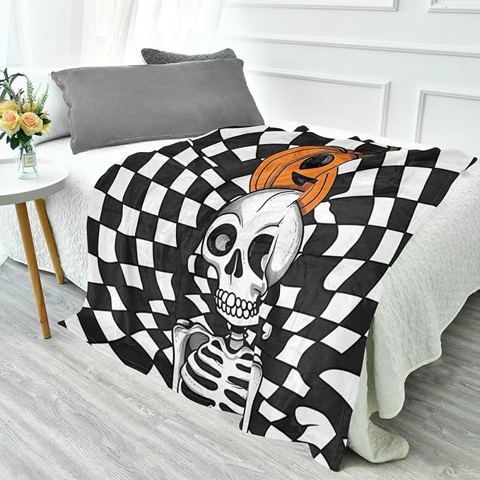 Black-and-White Checkered Cartoon Skeleton Lightweight Fuzzy Comfy Throws for Living Room Couch Throw Blanket Soft for Couch Sofa BedParty 50 x 70