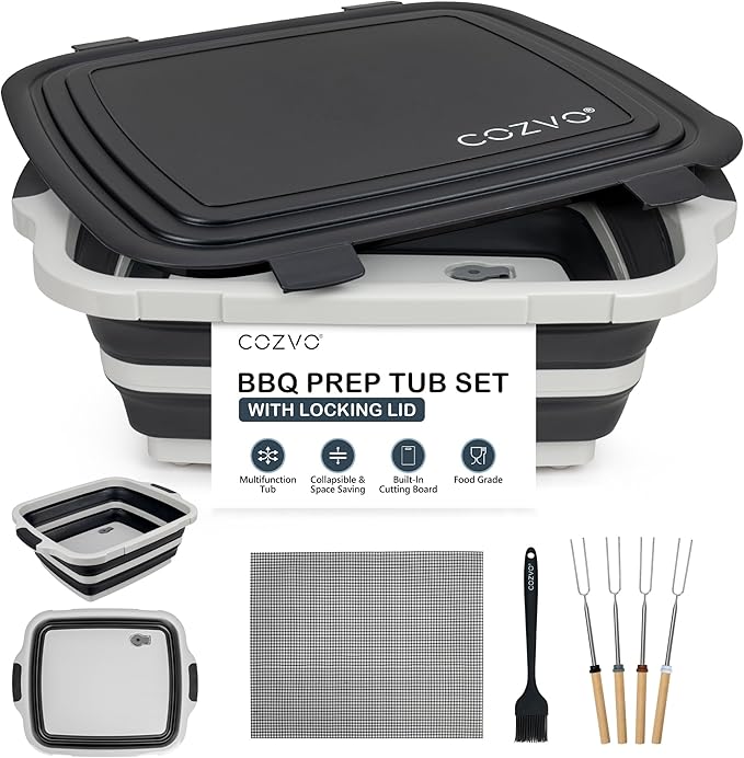 6-in-1 Collapsible BBQ Prep Tub &amp Marinade Container with Locking Lid | 20 Multifunction Camping Sink Portable Cutting Board and Food Storage Bin for Grilling Picnics Tailgating - Black