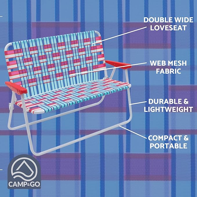 Camp &amp GO 16.5 High Seat Outdoor Double Wide Loveseat Web Folding Chair Blue/Red