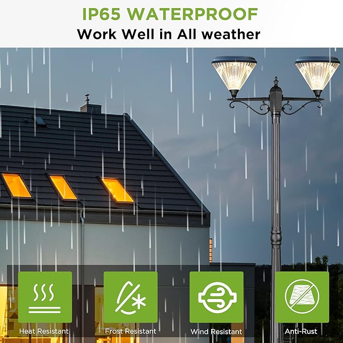 TIERONE 7.5FT LED Post Solar Light Dusk to Dawn Landscape Pathway Dual-Head Pole Light IP65 Waterproof 3000K Warm White Outdoor Street Lights for Lawn Patio Yard Pathway Garden