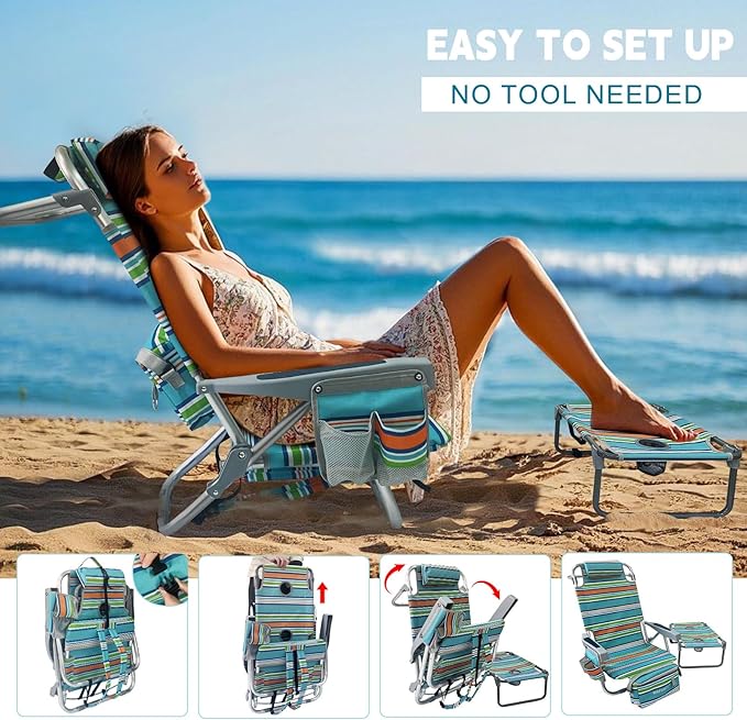 Backpack Beach Chair Aluminum with Folding Camping Table 5-Position Lay Flat Lounge Chair Outdoor for Adults with Insulated Cooler Bag and Cup Holder