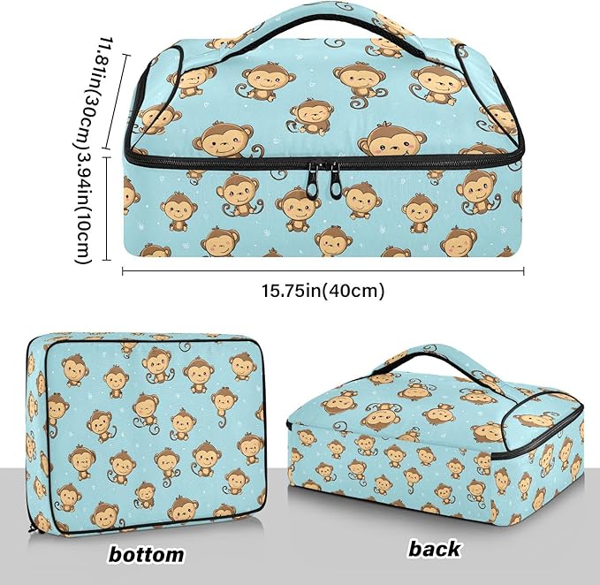 Casserole Carrier Monkey PatternInsulated Casserole Carrier for Hot or Cold Food Thermal Lunch Tote for Potluck Parties Picnic Beach Fits 9 x 13 Inches Baking Dish