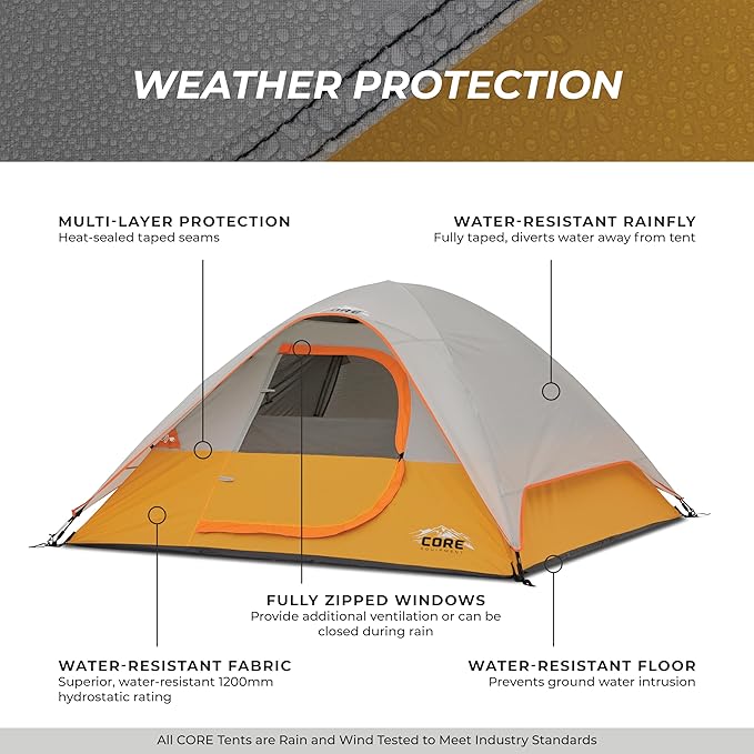 CORE Tent for Family Camping Hiking and Backpacking | 3 Person / 4 Person / 6 Person / 9 Person Person Dome Camp Tents with Included Tent Gear Loft for Outdoor Accessories