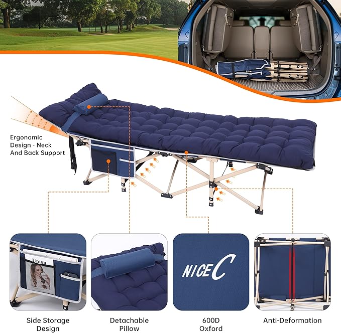 Nice C Camping Cots with Cushion Camping Cots with Mattress for Adults Folding Cot with Pillow Carry Bag &amp Storage Pocket Extra Wide Sturdy Holds Up to 500 Lbs (1 Mattress Navy)